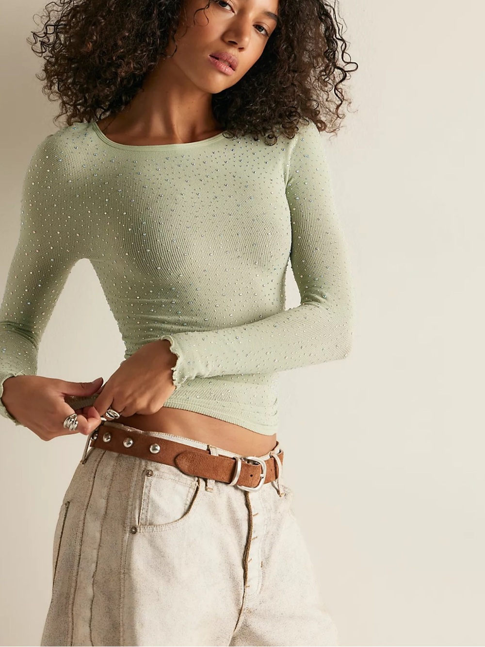 Free People Night Long Sparkle Long Sleeve Top in Sage Green
